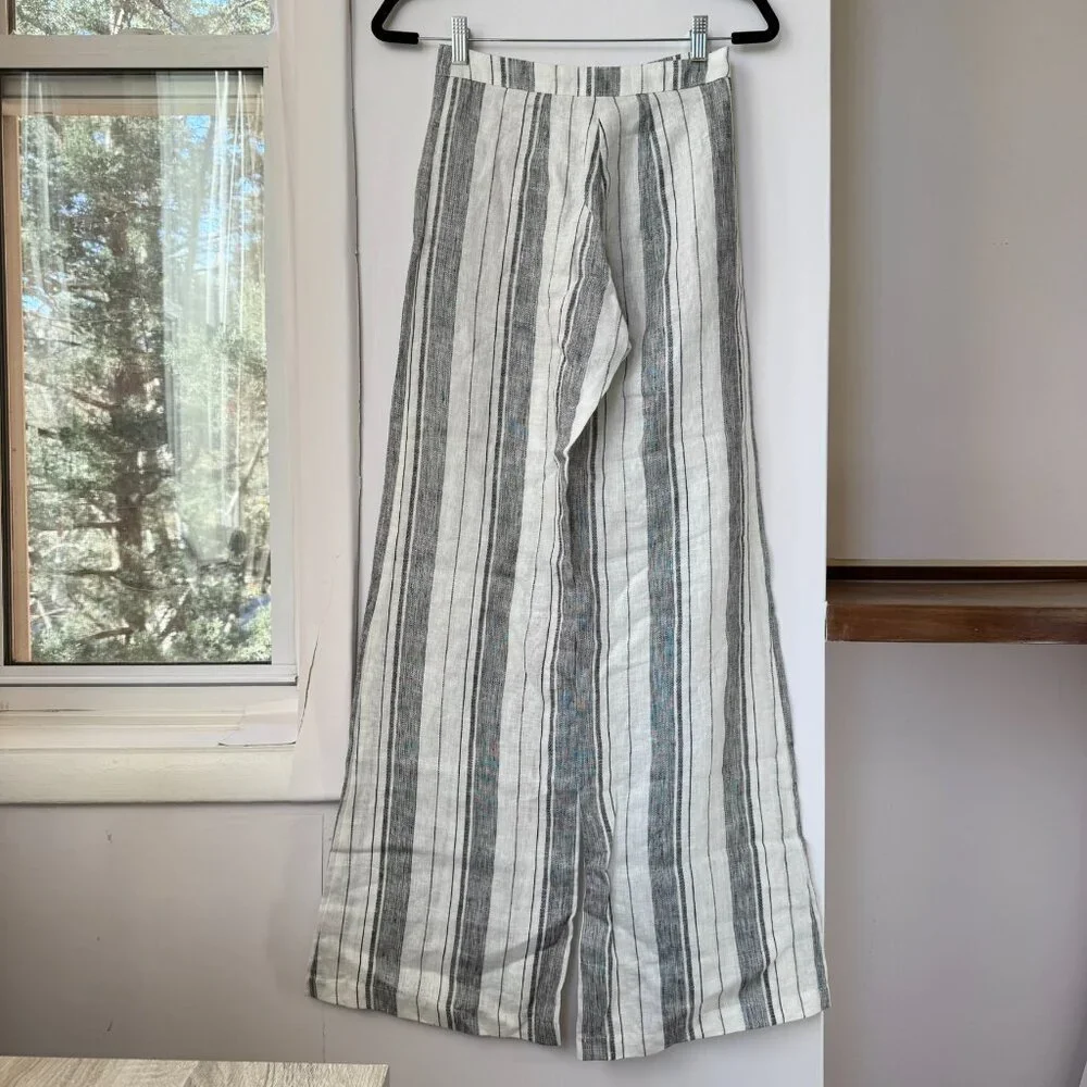 Reformation Romero Striped Linen Wide-Leg Pants White Grey 0